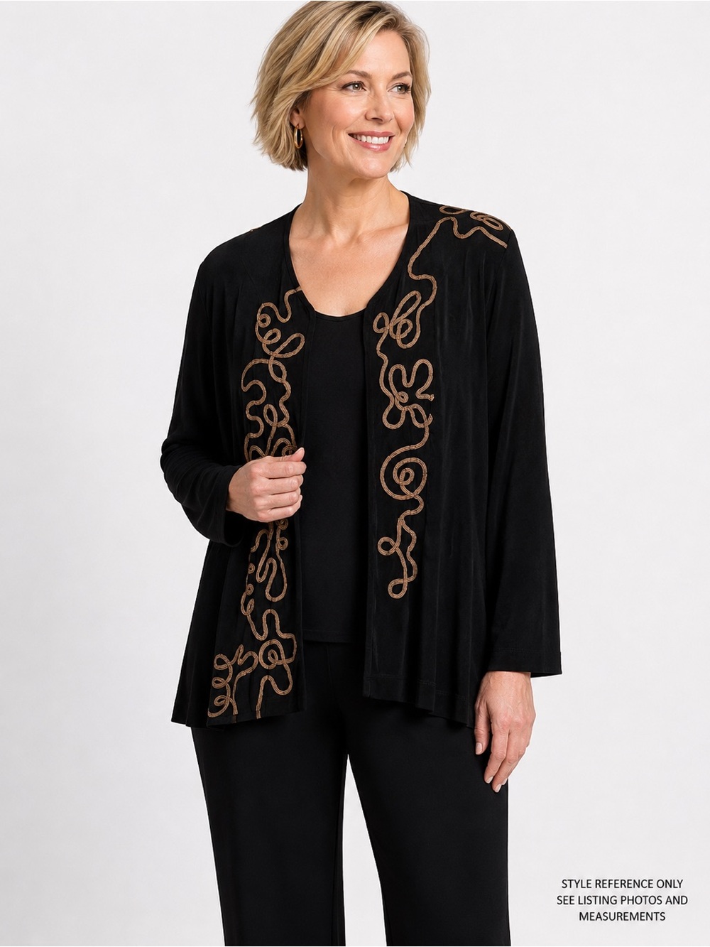 Chico’s Travelers 3 XL Black Bronze Gold Soutache Cardigan Jacket